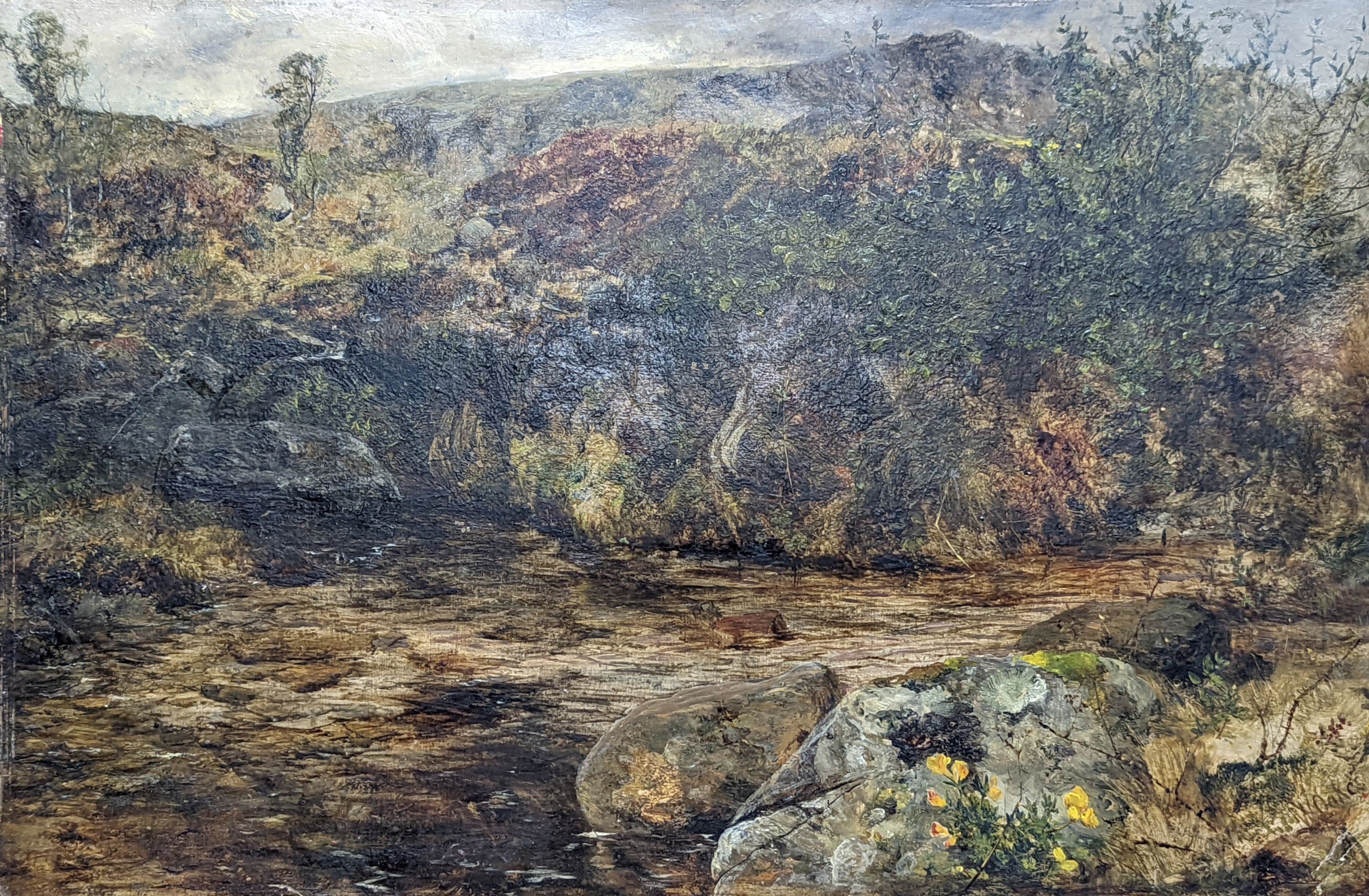 John Wright Oakes (1820-1887), oil on board, River landscape, signed, 30 x 46cm, unframed